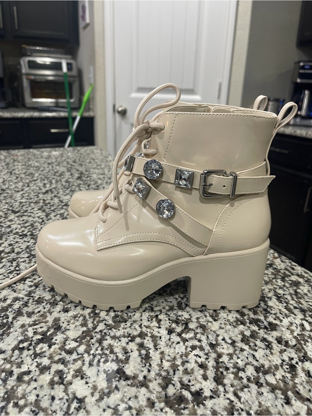 GB girls Cream Patent Platform Lace-Up Ankle Boots with Jewel Straps